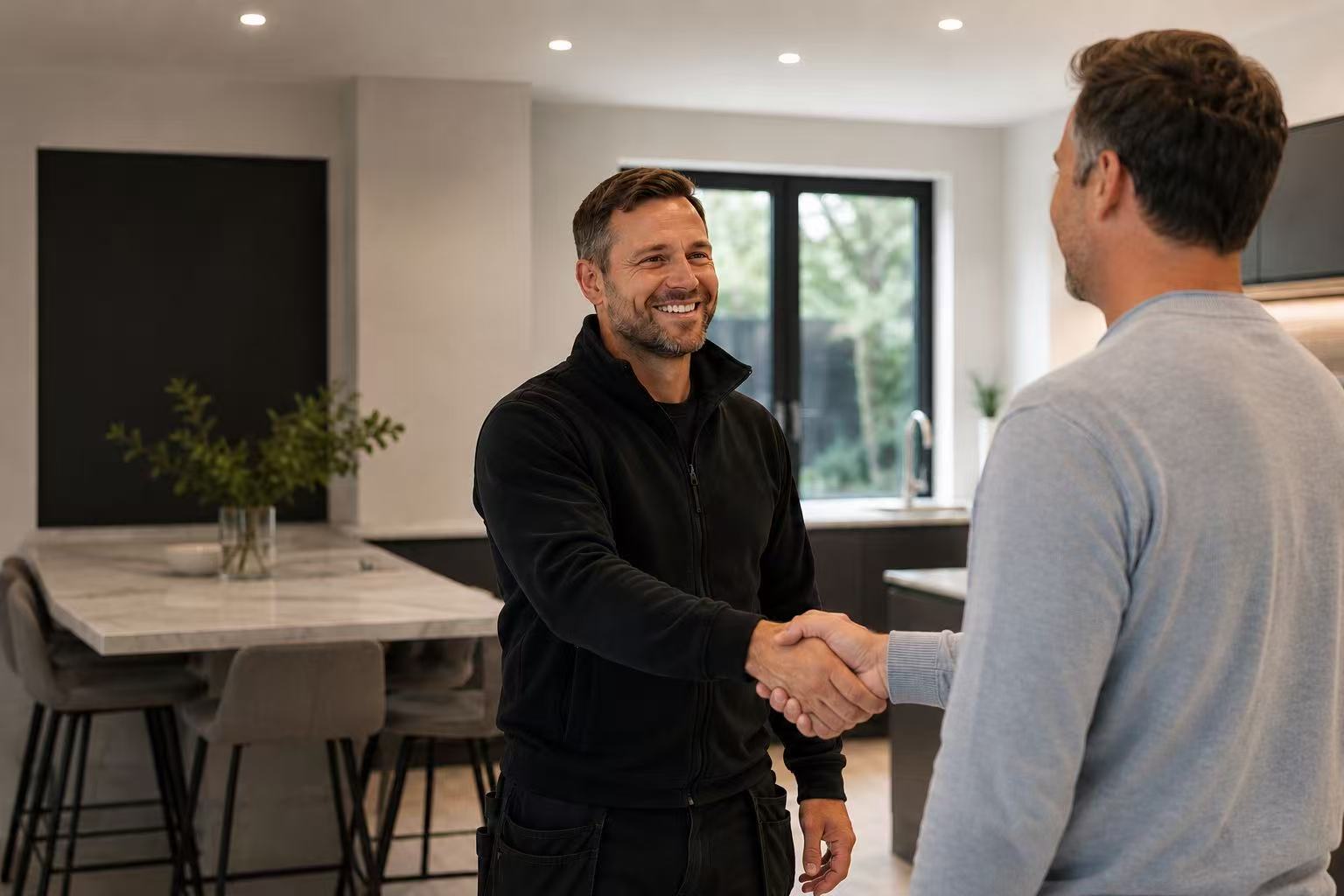 Project manager and homeowner reviewing plans