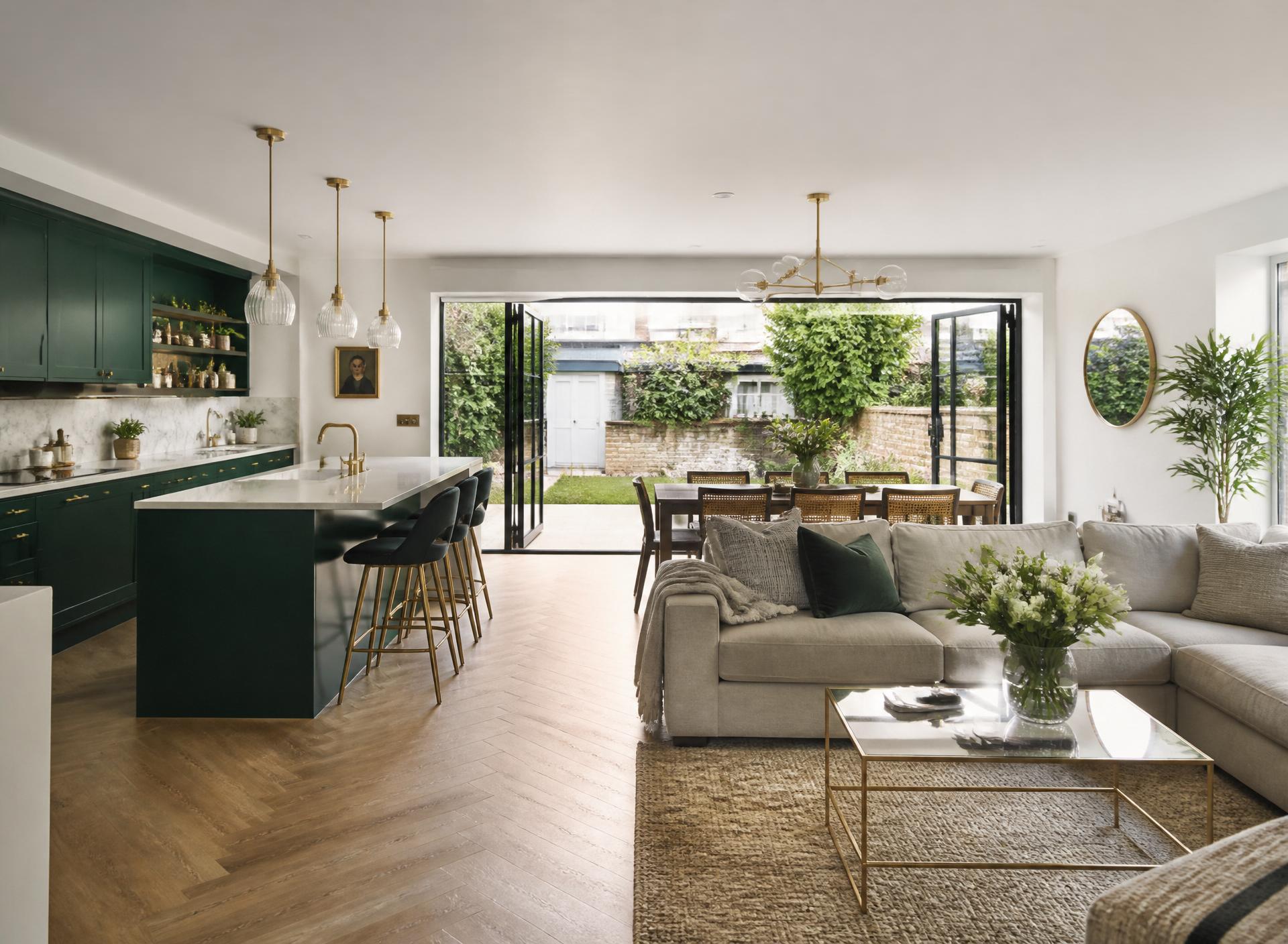 Renovated open-plan London home with a forest green kitchen