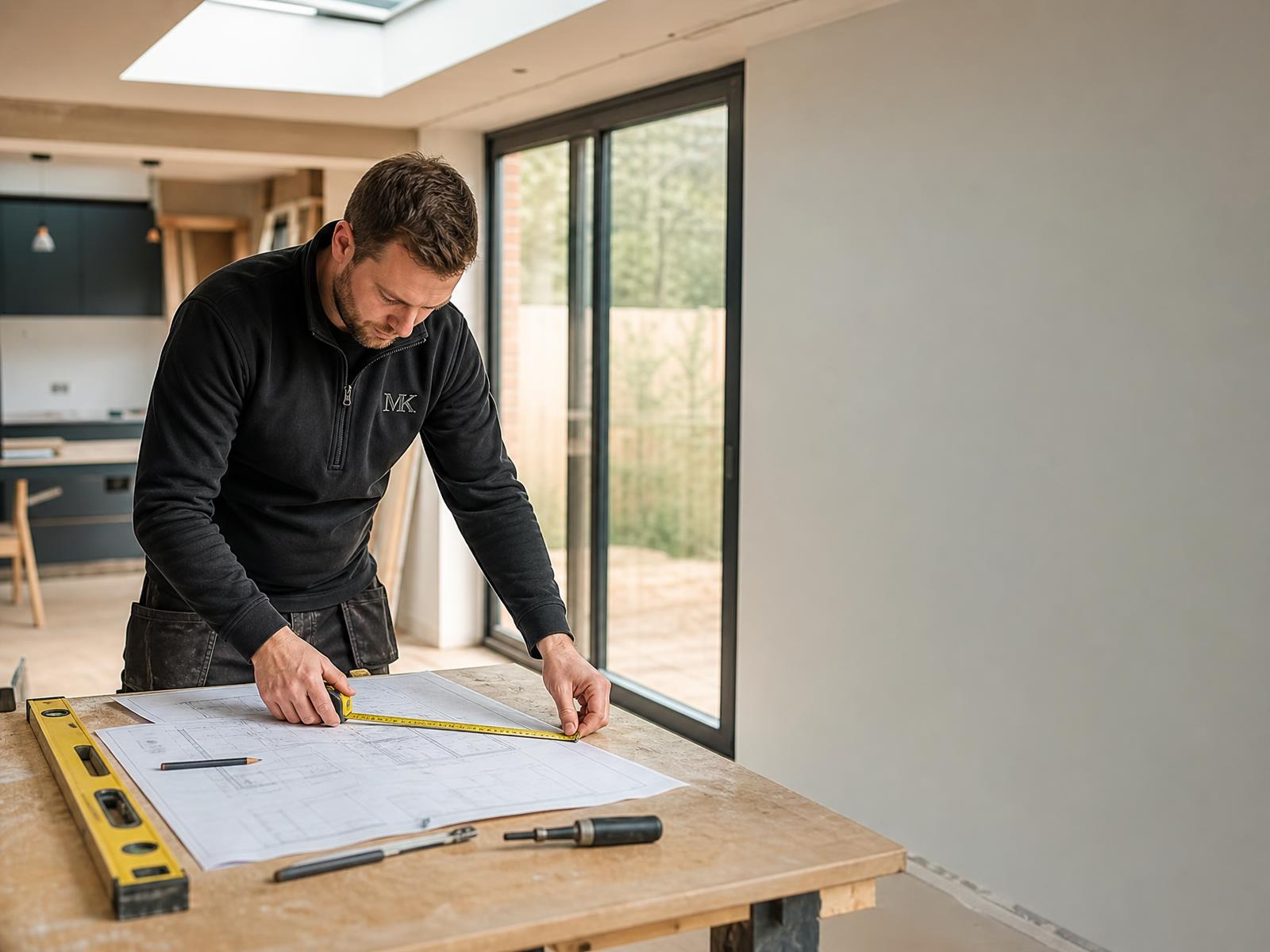 MK Building Service builder measuring architectural drawings on a residential renovation site